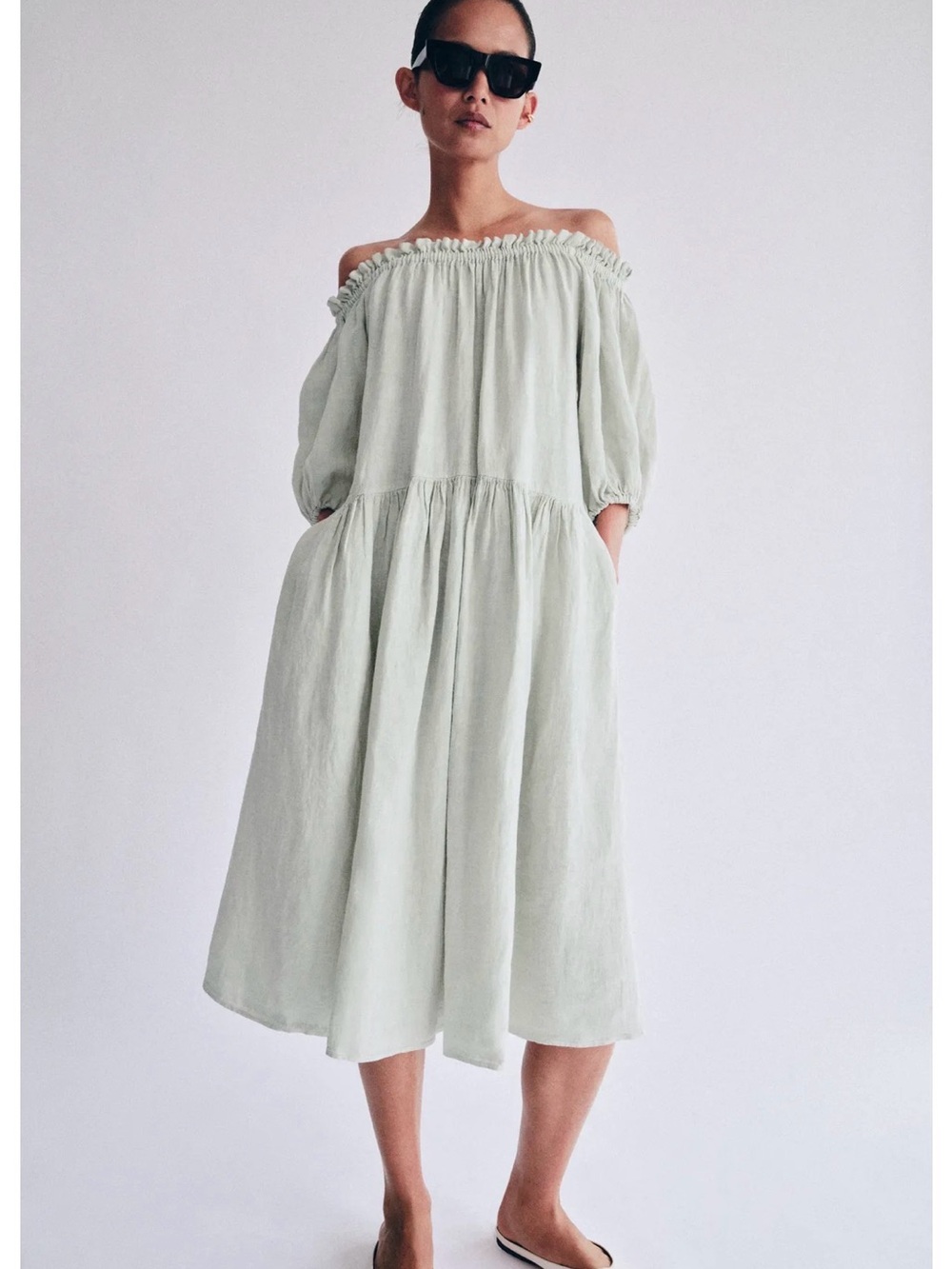 NWT 2026 Zara 100% Linen Off Shoulder Midi Dress | XS | Quiet Luxury | Resor - Picture 2 of 9